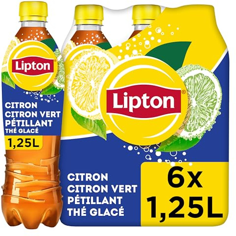 LIPTON Ice Tea Thé Glacé Pétillant Saveur Citron et Citron Vert - Lot de 6x1,25L