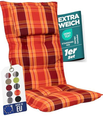 gardisun Gartenstuhlauflagen Hochlehner mit Kopfteil, 1er Set, Rot kariert | Extra Dicke Sitzauflagen, Made in EU, Polsterauflagen für Hochlehner, Auflagen mit extra hoher Lichtechtheit