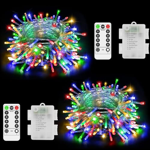2 Pack Christmas Lights Battery Fairy Lights Total 20M 200 LED Multicoloured String Lights Outdoor Waterproof with Remote Timer 8 Modes for Indoor Outside Garden Party Xmas Bedroom Decorations