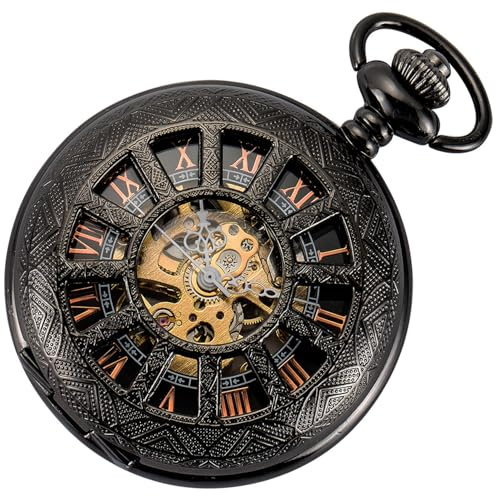 ManChDa Taschenuhr – Skelett-Taschenuhr, mechanisch, Lupe, spezieller Deckel, römische Zahlen, Fob Armbanduhr für Herren, mit Kette + Geschenkbox