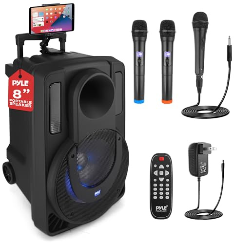Pyle PA System Party Speaker 8 Inch Bluetooth Speaker 280W with 2 Wireless Microphones and Wired Microphone, Karaoke Speaker with Tablet Stand, LED Lights, Portable Rechargeable Battery