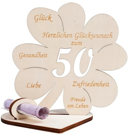 Geldgeschenke Geburtstag - Kleeblatt Glück Geldgeschenk 50 für Frauen Männer, Holz Schild Gästebuch für Hochzeit, Personalisiert Tischdekoration