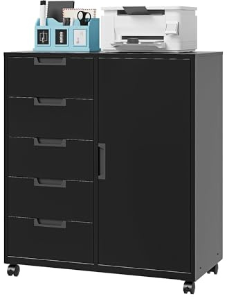 Letaya 5 Drawer Storage Cabinet, Mobile Printer Stand for Home Office,Dresser Chest with Shelves and Door(Black)