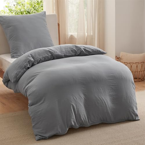 BEDSURE Bettwäsche 135x200 2teilig Baumwollähnlich - Grau, 1x80x80 Kissen | Bettwäsche-Sets Mikrofaser, Oeko-TEX Bedding mit Reißverschluss Pflegeleicht, Extra Weich & Atmungsaktiv