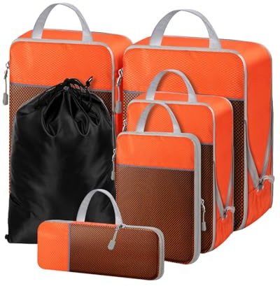 NMNGB Cubi da imballaggio a compressione per valigia, Cose Utili per Viaggiare, Borsa Essenziale con Rete Estensibile, Organizer da Viaggio, Cerniera, Organizer Multifunzione, Arancione