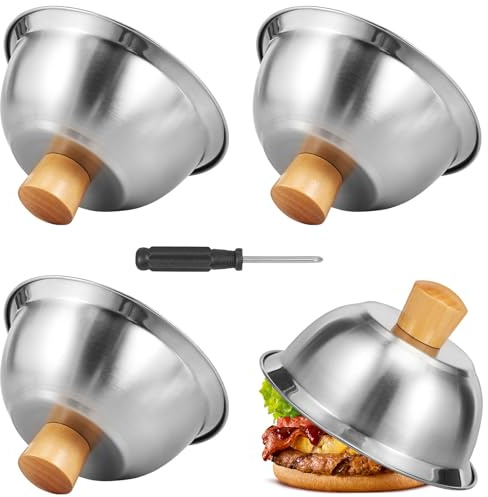 Sutowe 4Pcs Burger Covers with Bamboo Handle Stainless Steel Basting Cover Round Cheese Melting Dome 16cm Steaming Cover for Cooking Hamburgers Steaks Bacon BBQ