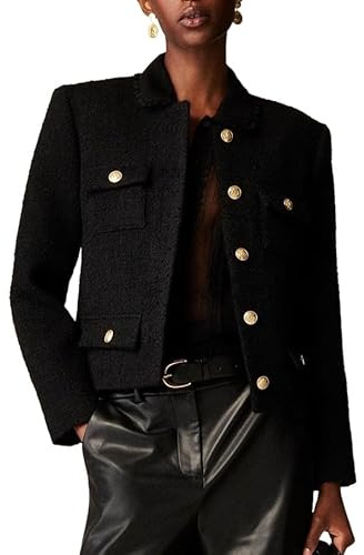 Chaquetas Cortas de Tweed para Mujer, sin Cuello, con Botones, Blazer Casual con Bolsillos, Negro -, M