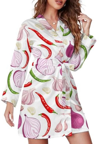 NLWQEKV Peignoir court à manches longues pour femme, peignoir doux à ceinture avec oignon, ail et poivron, vêtements de nuit