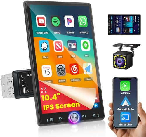 Hikity 10.4 inch Autoradio Single Din Carplay Rotatif Touchscreen Écran Tactile Poste Radio Voiture Wireless Carplay Android Auto Bluetooth FM RDS EQ SWC Caméra de recul USB AUX