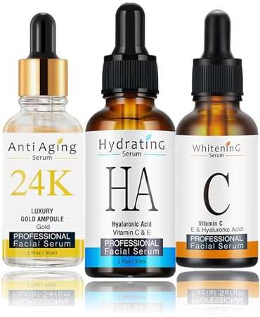 Anti-Falten Serum 3er Pack, Vitamin C Serum, Hyaluron Seren, 24K Gold Gesichtsserum Frauen, Skincare Set für hautaufhellend & feuchtigkeitsspendend, Anti-Aging Seren SET