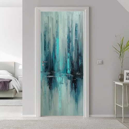 3D Türaufkleber Abstrakt Textur Stadt Landschaft 88 x 200 cm Tür Türtapete Wandbild Selbstklebend PVC Wasserdicht Abnehmbar Türfolie TürPoster Fototapete Wohnzimmer Schlafzimmer Küche Bad, Blau