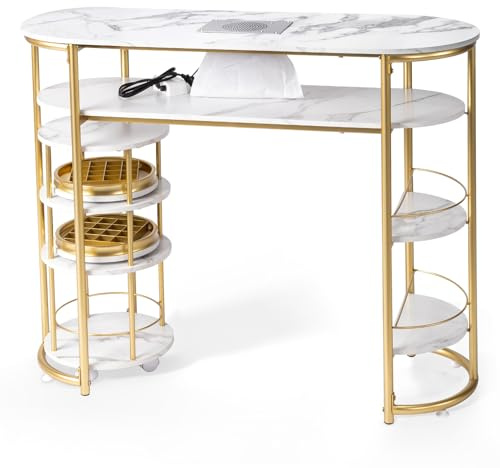 OmySalon Manicure Table w/Dust Collector & Trolley, White Marbling Modern Nail Station w/Rolling Storage Cart, Nail Desk for Nail Tech, for Salon Spa Beauty Makeup, Acetone Resistant