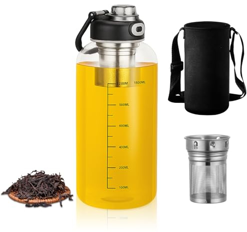 Bouteille à thé en verre avec passoire, 1,5 l, gourde en verre 2 voies de boisson, design unique – Bouchon unique, réutilisable, 1,5 l