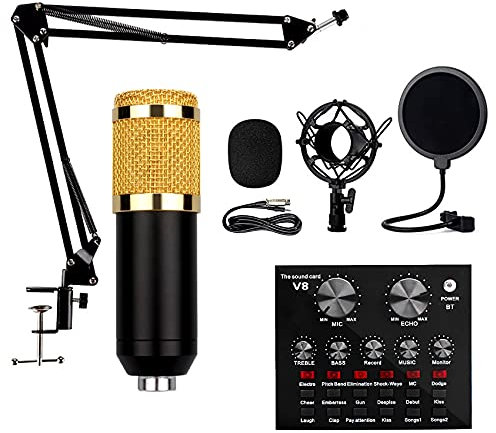 KHYTEBV Ensemble Microphone à condensateur V8, kit Micro BM-800 avec Carte Son Live, pour Enregistrement, Voix Off, Streaming et Home Studio