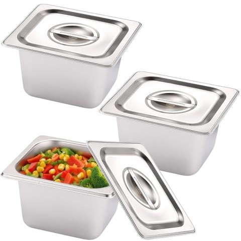 GOEDCH Behälter Edelstahl mit Deckel: 3 Stück 1/6 Größe 17.5x16.5x10 cm Panierset für Koteletts, Gastro Behälter, Warmhaltebehälter Essen, Panierstraße Rechteckig, Stapelbar für Küche
