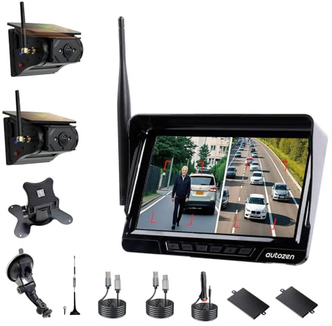 Solar Wireless Reversing Camera for Car, 2 Cam Kit, Alarm Function, 7” 1080P Monitor, Stable Signal, Night Vision, DVR Recording, 1-Min Install, Reverse Camera Kit for Motorhome, Trailer, Van