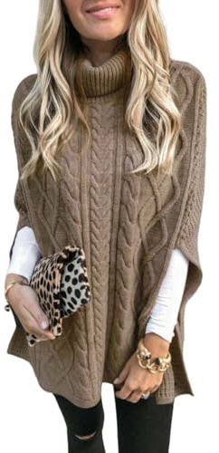 LIUYUYOUGO Poncho Damen Damen Cape Schal Wickelpullover Langer Strickpullover Gefalteter Rollkragenpullover Übergröße Baggy Vintage Grobstrick Poncho Pullover Elegante Lagen Strickoberteile Khaki L