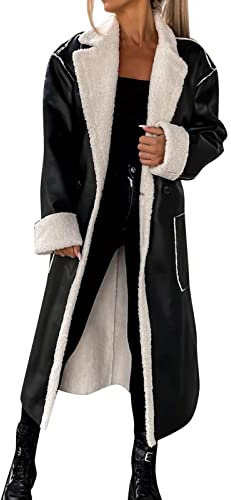 lozssnigzi Kunstlederjacke Damen, Teddy Gefüttert Ledermantel Mit Reverskragen Lang Kunstleder Wintermantel Parka Jacken übergangsjacke Kunstleder Oversize Softshelljacke