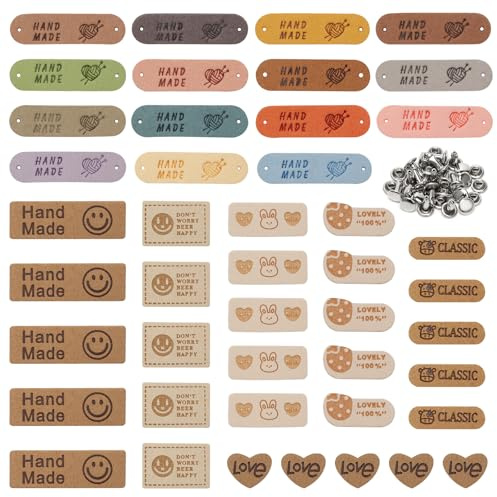 Weniubit 45 Stück Handmade Label zum Annähen, Handgefertigte Etiketten PU-Leder, Personalisierte Häkel mit Löchern, Label Nähen für Stricken, Häkeln, Häkelkleidung, DIY Jeans, Taschen, Hüte