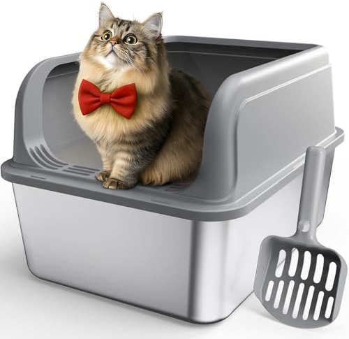 Powools Stainless Steel Cat Litter Tray, Top-Entry Design, M, Grey