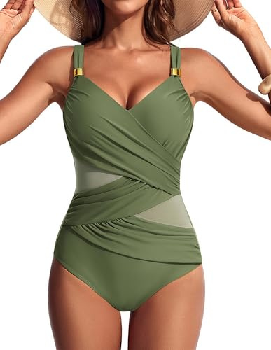 Hanna Nikole Women One Piece Swimsuits,Tummy Control Push Up Swimming Costume Swimwear,Slimming Ruched V-Neck Bathing Suits,Sexy Sheer Mesh Swimsuits for Women