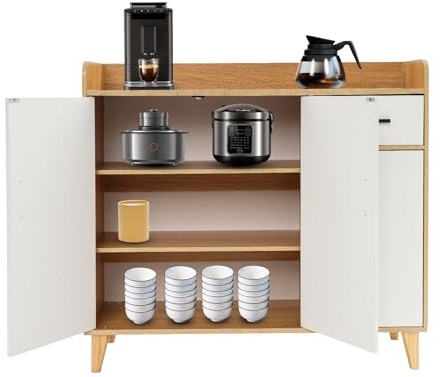 Wiyuer Armadio da cucina con un cassetto e tre ante in pannello di densità, portata 60 kg, 100 x 34 x 92 cm, colore legno, bianco, per cucina, stoviglie e forno a microonde