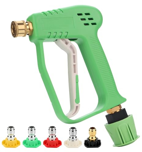 Xynovia Pistola de lavado a presión, mango corto de lavado a presión con 5 boquillas de conexión rápida, pistola de pulverización resistente compatible con mangueras Karcher K-Series y M22-14 mm