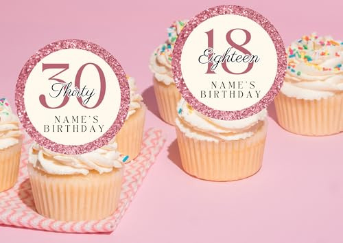 20 x 5cm Edible personalised ANY AGE Birthday theme Birthday cupcake toppers NOT-PRECUT 16th/18th/21st/30th/40th/50th/60th/70th/80th (Wafer paper, Rose Gold)