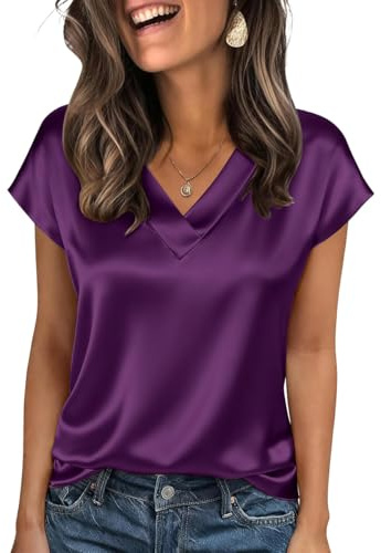 Onsoyours Camicia da Donna Elegante in Raso di Seta Camicetta a Maniche Corte con Scollo a V Blusa Basic Tinta Unita Tops