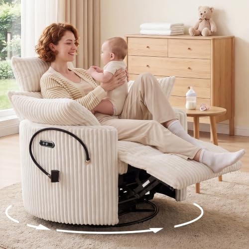 DEKKETO Elektrischer Fernsehsessel mit USB-Anschluss, 300° Drehbarer Relaxsessel mit Verstellbarer Kopfstütze, Liegefunktion, Cord Heimkino Sessel mit Handyhalterung, bis 200kg, Weiss-Elektrisch