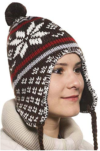 Chullo Chullu Peruanische Mütze mit Bommel, Unisex, Braun 3, Einheitsgröße