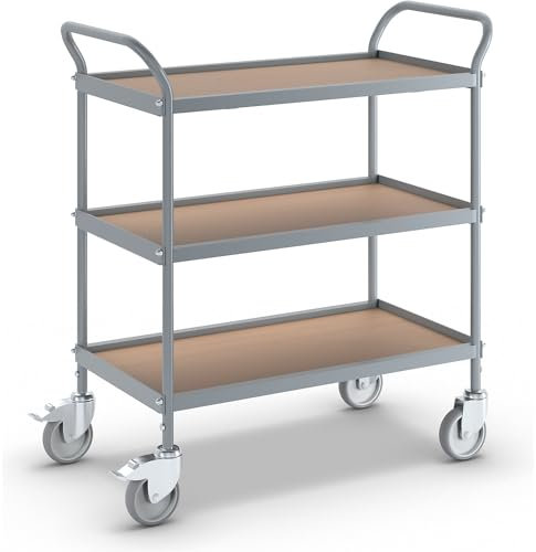 eurokraft | Servierwagen | Etagenhöhe 250 mm | 3 Etagen | mit 4 Lenkrollen | 2 mit Doppelstopp | Rad-Ø 100 mm