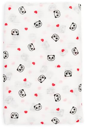 Ti TIN | Baby Musselin, 125x125 cm | Musselin Tuch mit Panda/Herz-Motiv, leichte und weiche Baumwollfaser, Mulltuch vielseitig einsetzbar, als Decke, Halstuch/Dreieckstuch, Spucktuch etc, Farbe: rot