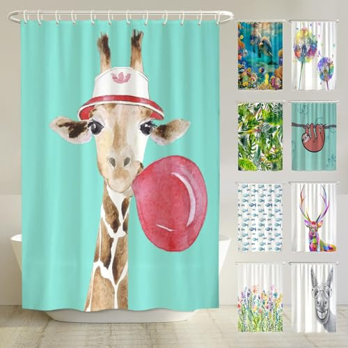 arteneur® Duschdraperi, mögelbeständigt, 180 x 200 cm, återvunnet med Oeko-Tex-standard 100, viktad fåll, ogenomskinligt, vattentätt, tvättbart, ringar och e-bok, giraff