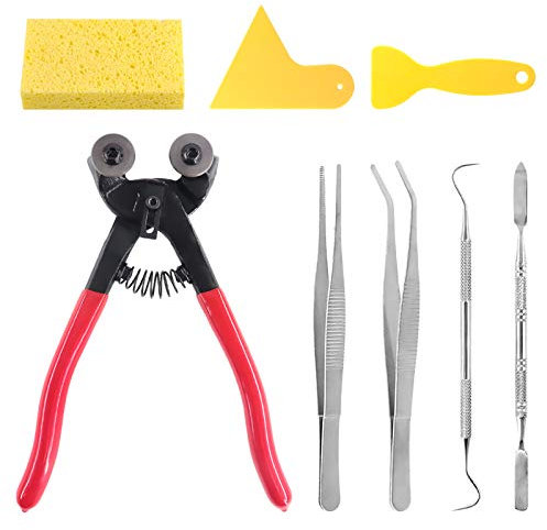Swpeet 8Pcs Mosaic Tools Kit, Including Heavy Duty Glass Mosaic Cut Nippers Wheeled Cutter Pliers and 2Pcs Scrapers, 2Pcs Tweezers, 1Pcs Double-EndedHook, 1Pcs Spatula with 1Pcs Sponge for Mosaic Tile