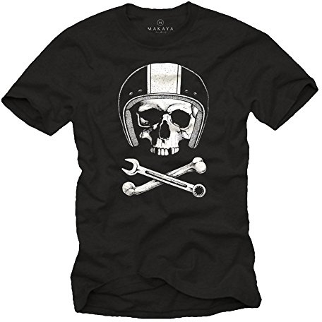 MAKAYA Maglietta per LA Meccanica - T-Shirt con Stampa Moto - Casco con Teschio Uomo Nera XXXXL