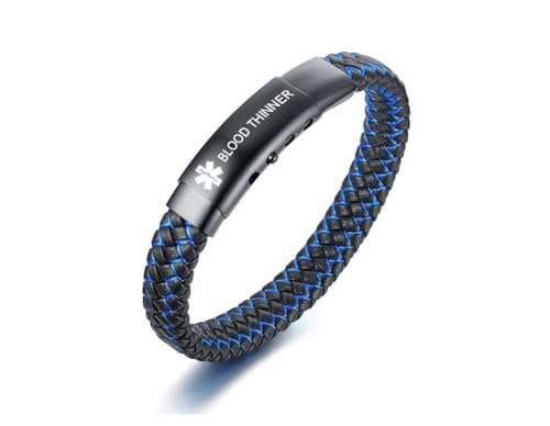 BLOOD THINNER- Stainless Steel and 2-Tone Braided Leather Medical ID Bracelet Medical Alert Wrist Band for Men Emergancy Identification Medic jewellery for Men
