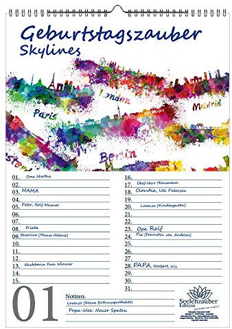 Geburtstagsplaner Geburtstagskalender Skylinezauber DIN A3 Kalender Skylines in Aquarell - Seelenzauber