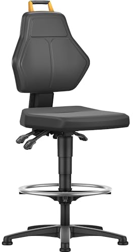 eurokraft pro | Arbeitsdrehstuhl | Schwarz, Hochstuhl mit Bodengleitern und Fußring, PU-Schaumpolster