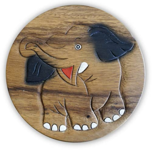 IMAGO Kinderhocker Holz Schemel Kinderstuhl Massivholz bemalt und geschnitzt Höhe 25 cm (Elefant, Brown)