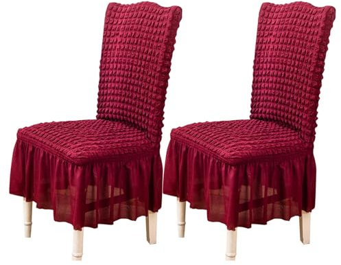 Qubjus Stuhlhussen für Esszimmer Satz von 2 Stretch Stuhl Slipcover mit Rock abnehmbar waschbar Küche Stuhl Protector Cover Set für Haus, Party, Hochzeit(Burgandy, 2Stück)