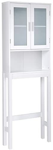 Giantex Mobile da bagno Top WC con 1 armadietto a doppia porta in vetro e 1 ripiano di stoccaggio aperto, ripiano superiore WC/lavatrice, stile moderno, bianco