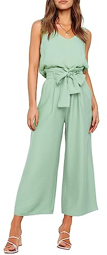 FANCYINN Damen 2 teiliges Crop Pants Set mit weitem Bein Wide Strap V-Ausschnitt Tank High Waist Cropped Paper Bag Hose mit Gürtel Mintgrünes Top und Hose mit weitem Bein M