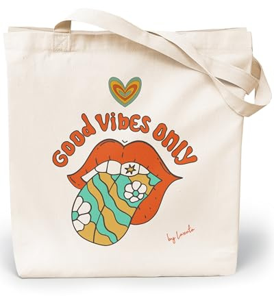 Loxato tygpåse med tryck – tygpåse – bomullspåse tryckt 100 % B 35 x H42 x D8 cm – bärväska canvastyg 220 g/m2 – jutepåse – shoppingväska långt handtag 70 cm – shoppingpåse, Good Vibes Only, L