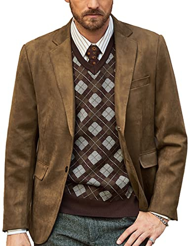 Mens Single Breasted Blazer Sport Coat Business Slim Fit Two-Button Suede Blazer Coffee L