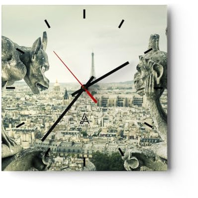 Modern Wanduhr Wasserspeier Paris Notre-Dame 40x40cm Quadrat Groß Wand Uhr Glas Analog Zimmeruhren Küche Büro Wohnzimmer Glasuhr Wall Clock Dekoration Design Wanddekoration Küchenuhr C3AC40x40-4544
