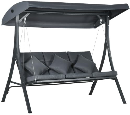Outsunny Columpio de Jardín Exterior de 3 Plazas, Balancín de Jardín Exterior con Techo Ajustable Cojines, Almohadas y Estructura de Acero, para Terraza, Patio, Carga 320 kg, 202x115x168 cm, Gris