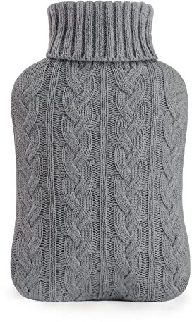 samply Wärmflasche mit Bezug – Weicher Premium Strickbezug – 2L groß Wärmeflasche, grau