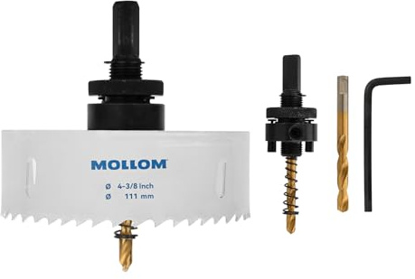 Mollom 111mm (4-3/8) Scie trépan bimétallique HSS M42 8% Co avec arbre | 2 forets pilotes, coupe nette pour PVC, plaques de plâtre, bois, plastique, métal et caoutchouc