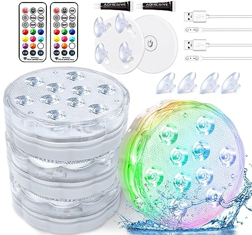 Qoolife Rechargeable Submersible Pool Lights with Remote, Waterproof Underwater Charging Battery Operated Controlled 25 Color Changing LED with Magnet Floating Lights Pool Pond Decoration (4 Pack)